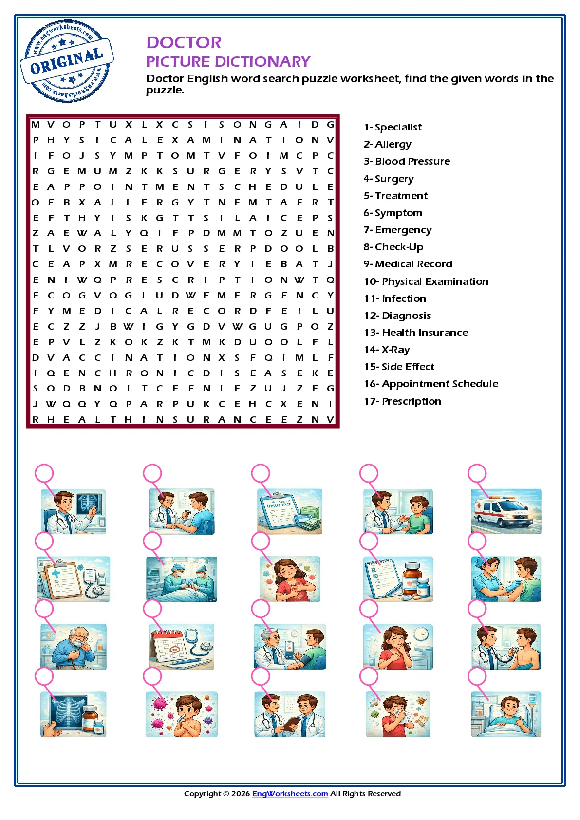 Doctor English word search puzzle worksheet, find the given words in the puzzle. Worksheet Preview