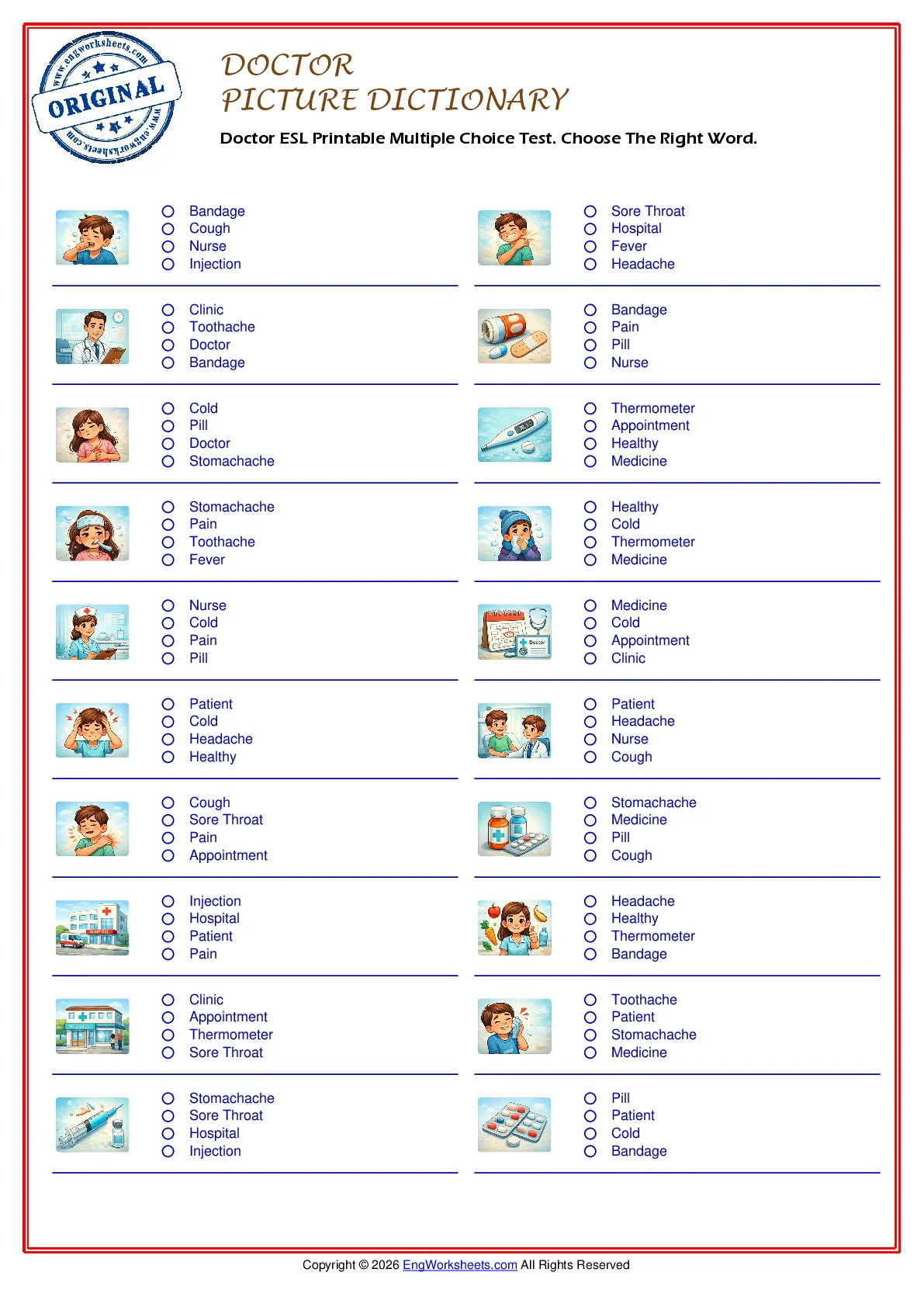 Doctor ESL Printable Multiple Choice Test. Choose The Right Word. Worksheet Preview