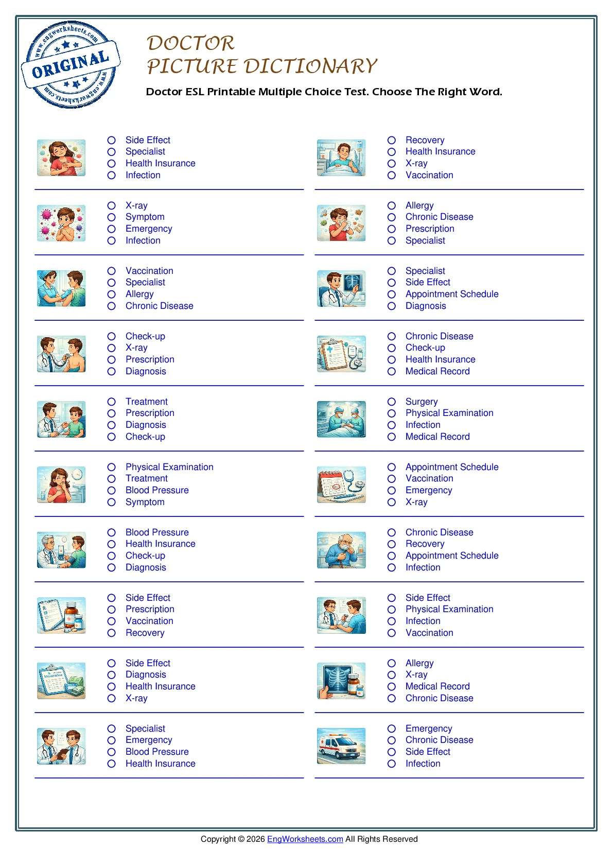 Doctor ESL Printable Multiple Choice Test. Choose The Right Word. Worksheet Preview