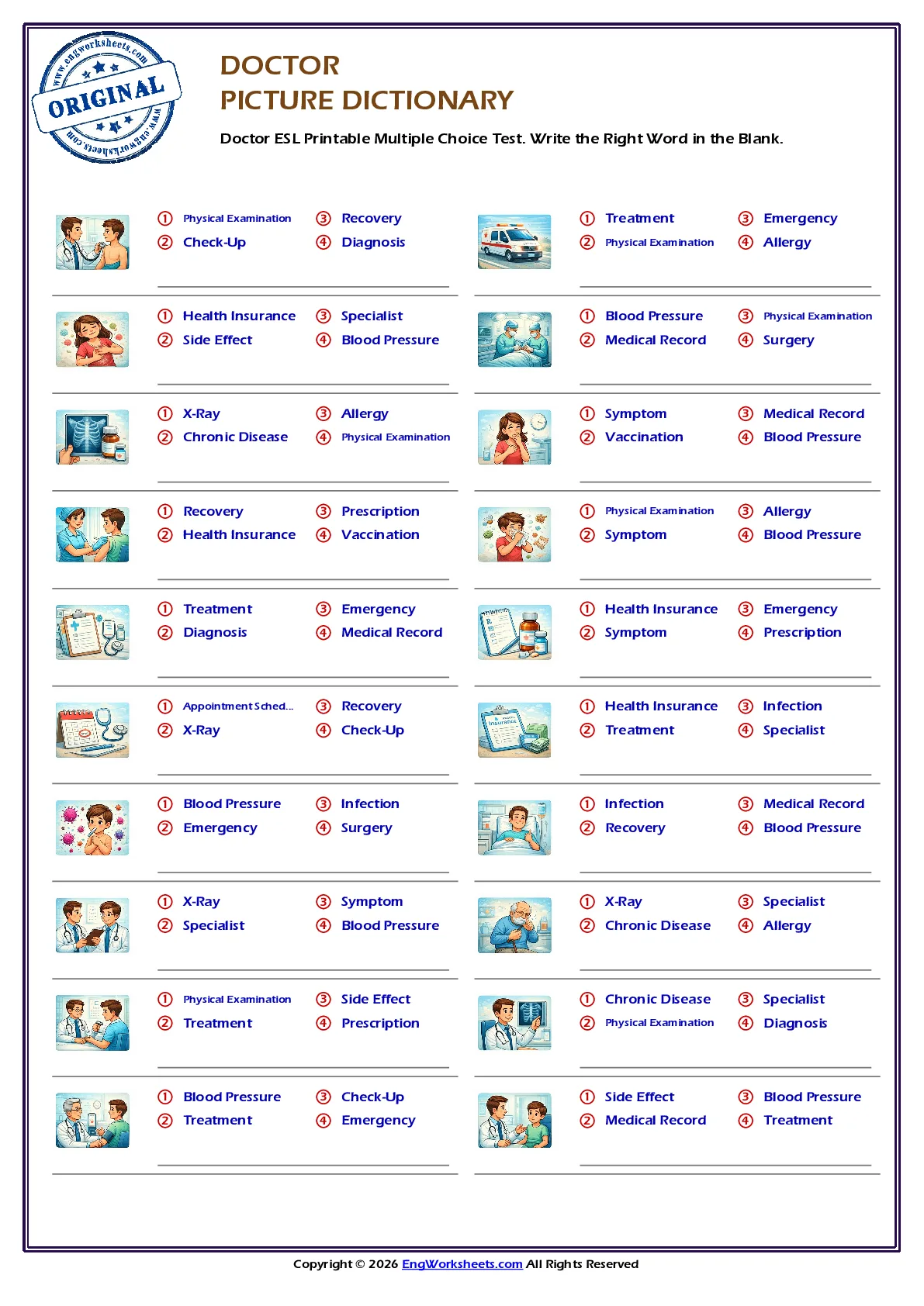 Doctor ESL Printable Multiple Choice Test. Write the Right Word in the Blank. Worksheet Preview