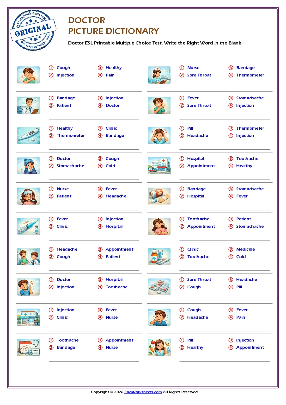 Doctor ESL Printable Multiple Choice Test. Write the Right Word in the Blank. Worksheet Preview