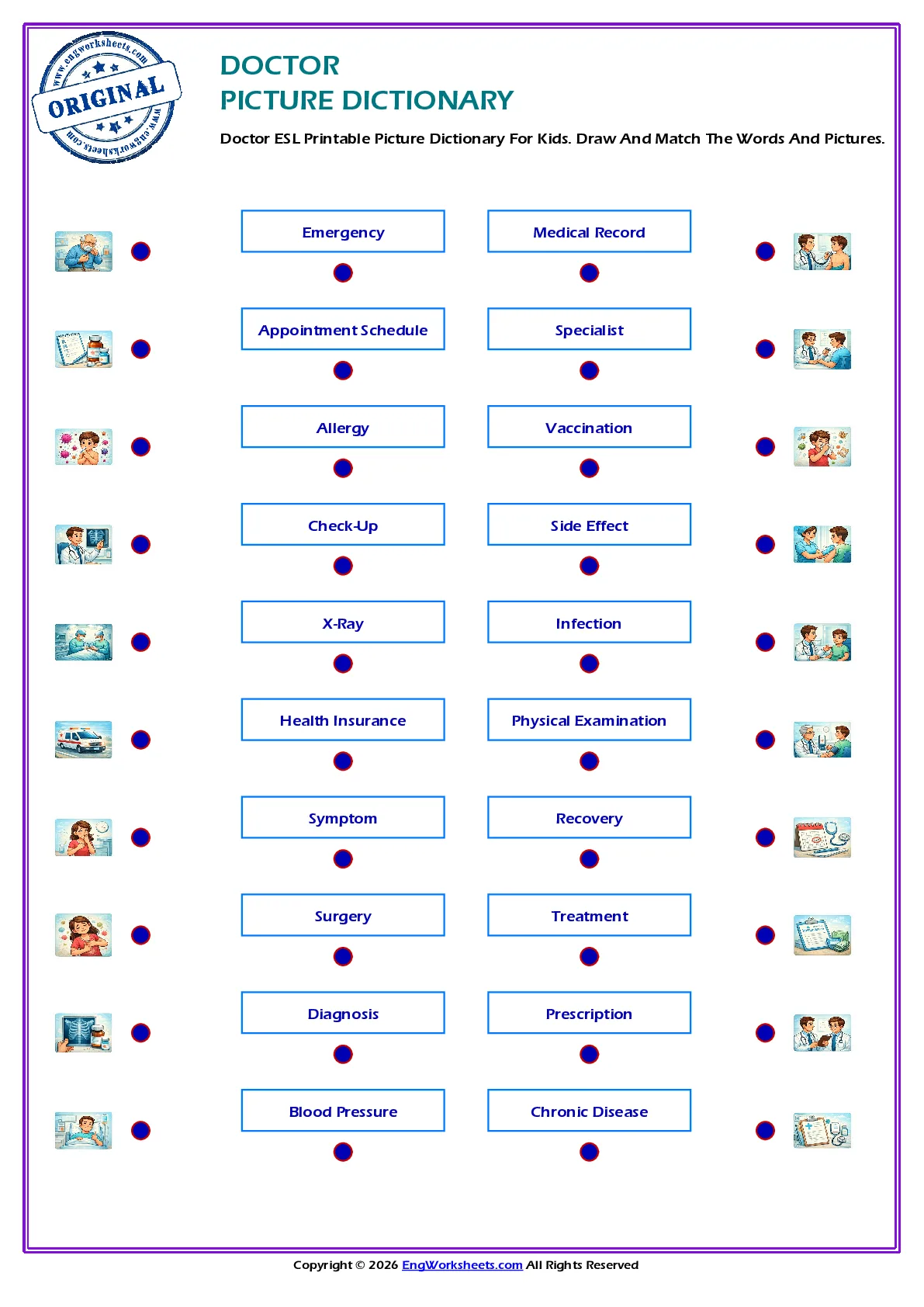 Doctor ESL Printable Picture Dictionary For Kids. Draw And Match The Words And Pictures. Worksheet Preview