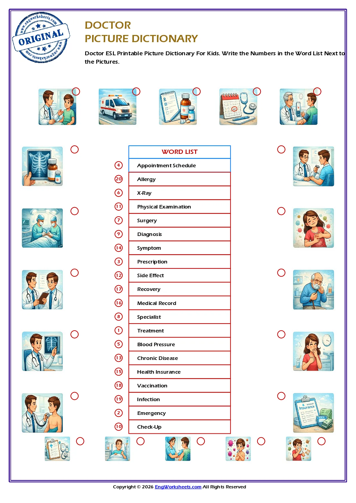 Doctor ESL Printable Picture Dictionary For Kids. Write the Numbers in the Word List Next to the Pictures. Worksheet Preview
