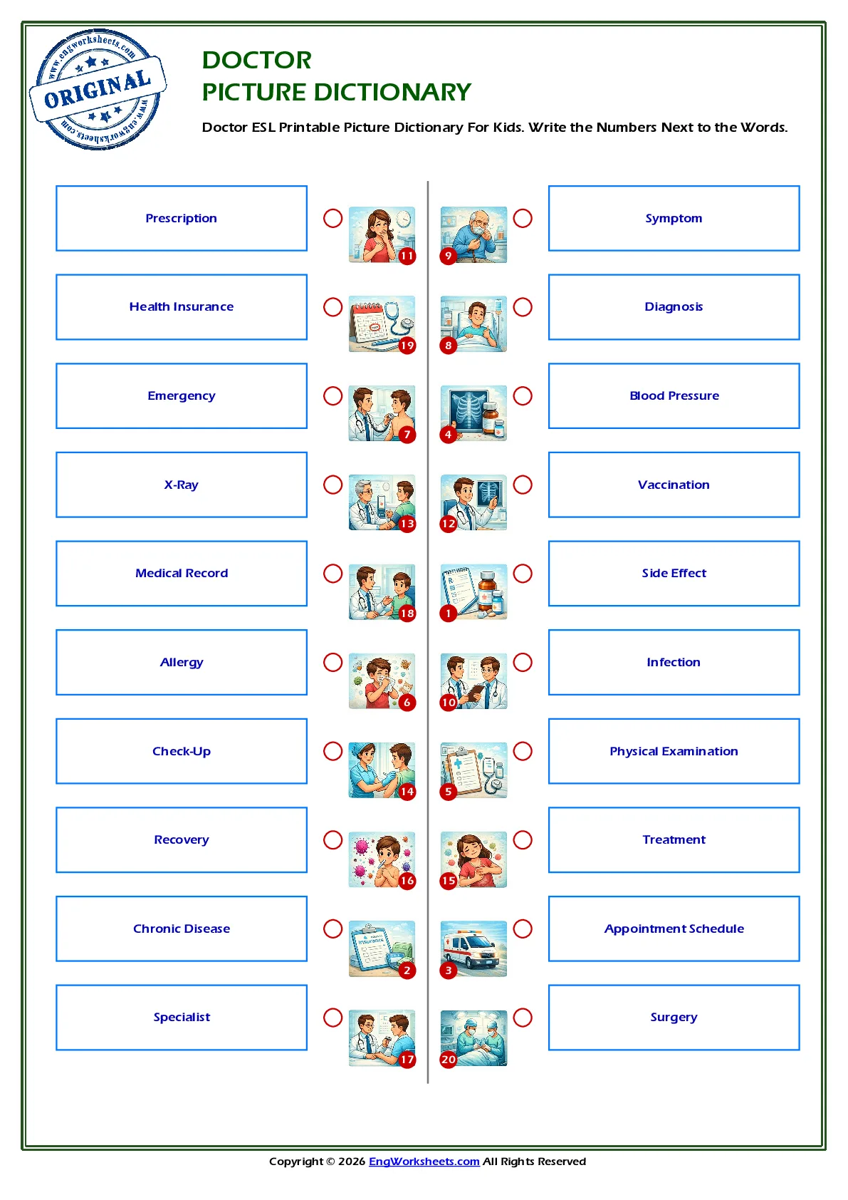 Doctor ESL Printable Picture Dictionary For Kids. Write the Numbers Next to the Words. Worksheet Preview