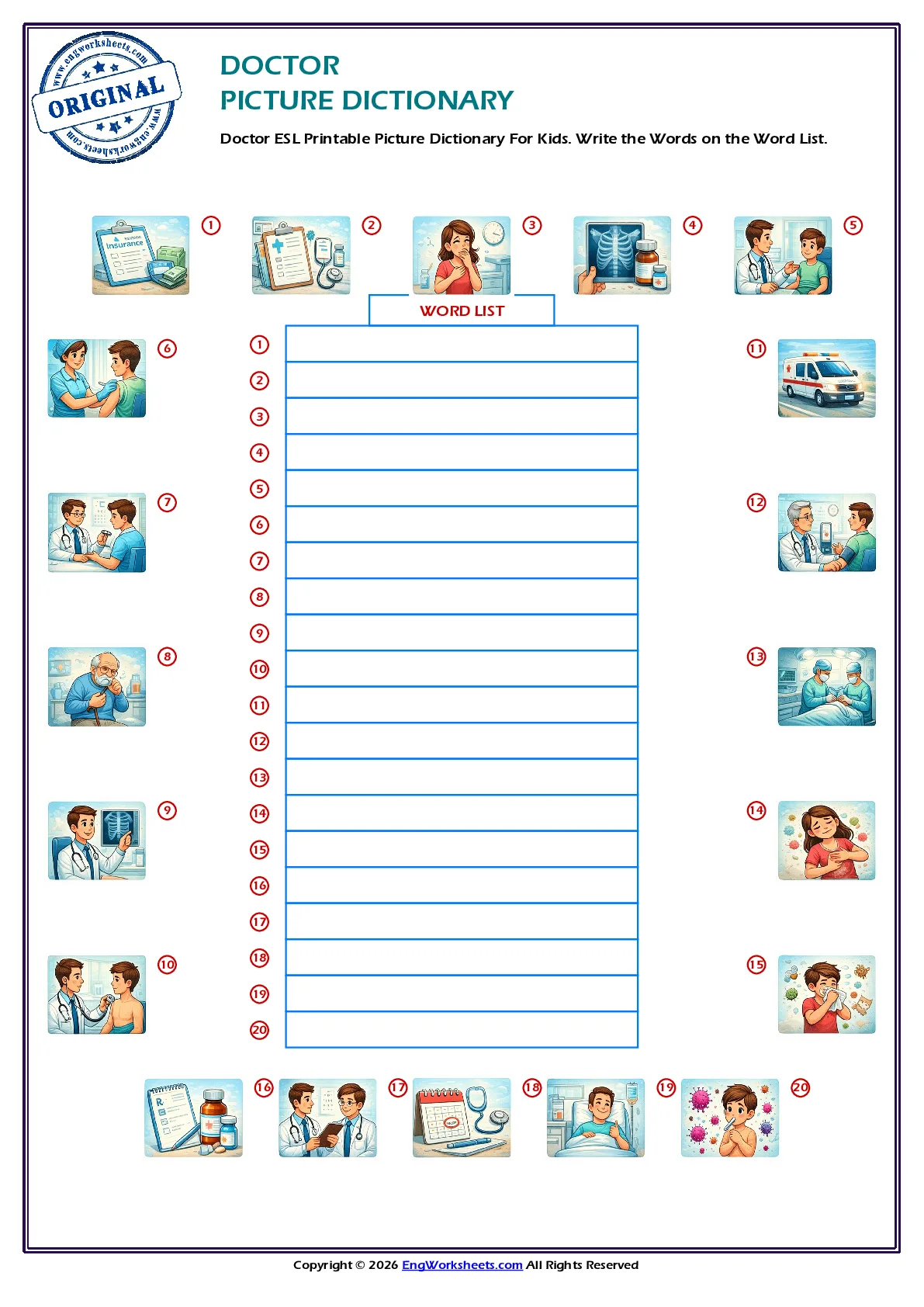 Doctor ESL Printable Picture Dictionary For Kids. Write the Words on the Word List.