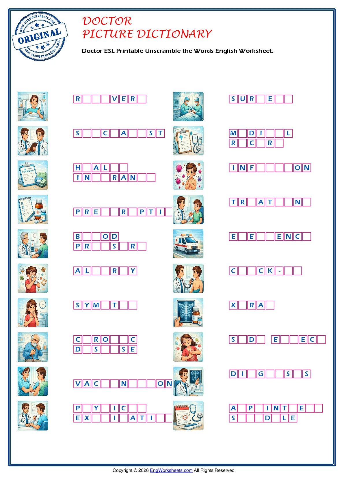 Doctor ESL Printable Unscramble the Words English Worksheet. Worksheet Preview