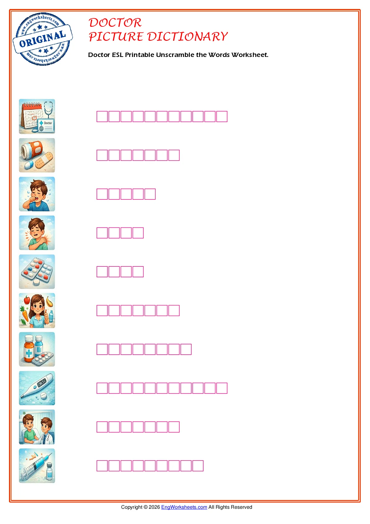Doctor ESL Printable Unscramble the Words Worksheet. Worksheet Preview