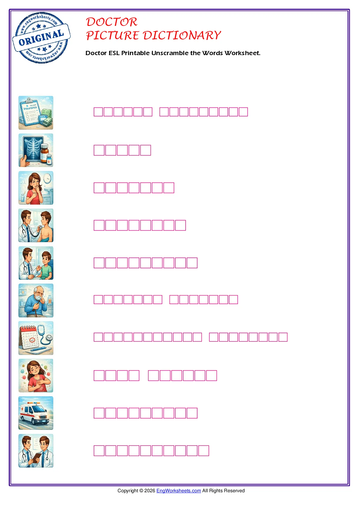 Doctor ESL Printable Unscramble the Words Worksheet. Worksheet Preview