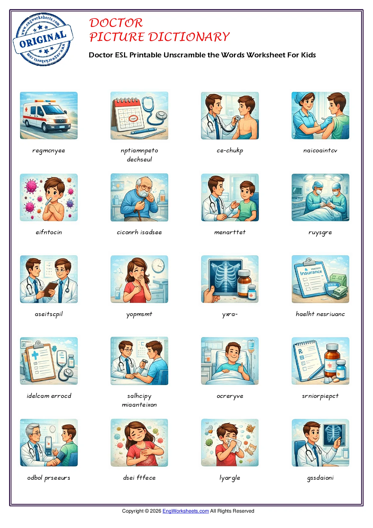 Doctor ESL Printable Unscramble the Words Worksheet For Kids Worksheet Preview