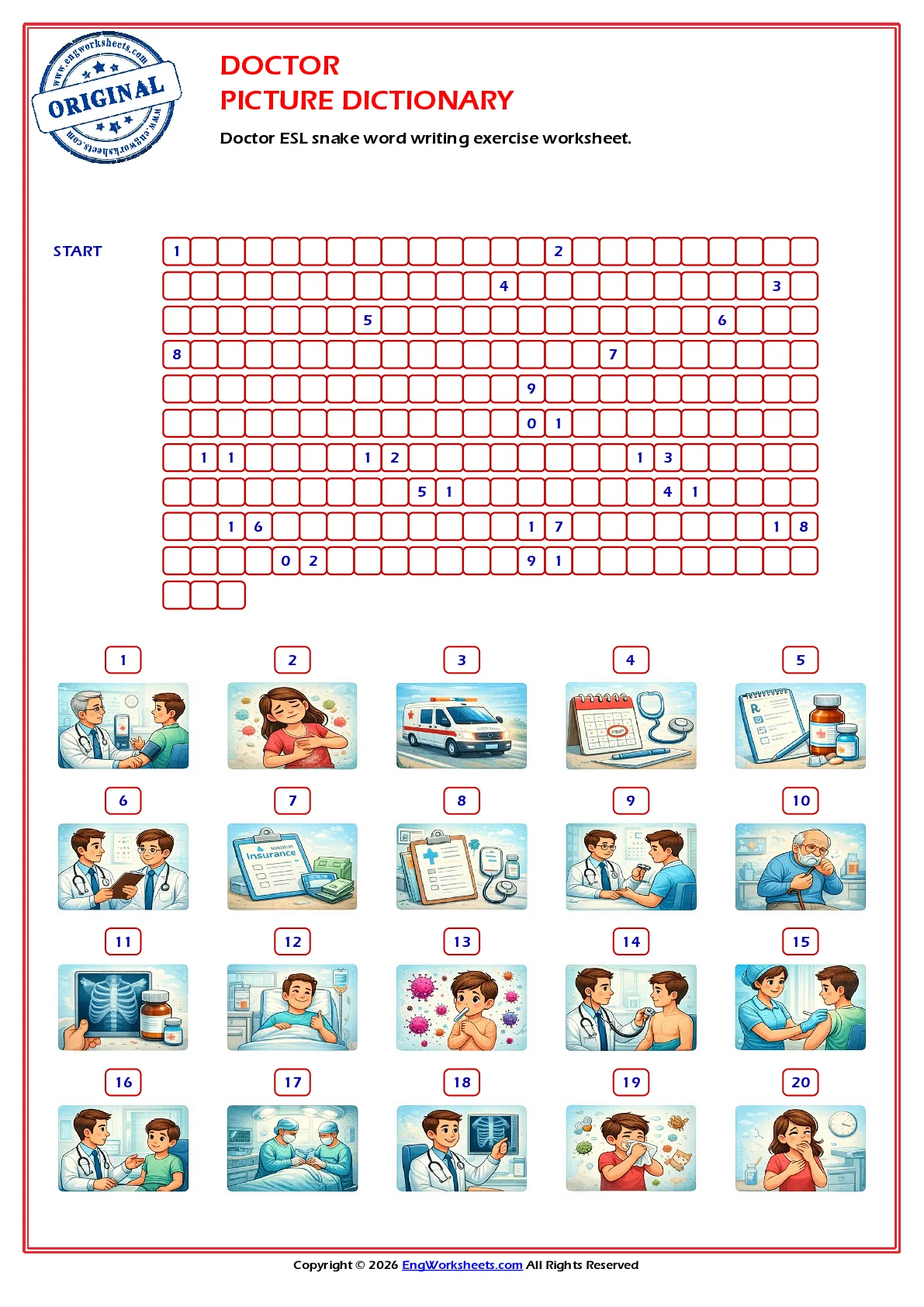 Doctor ESL snake word writing exercise worksheet. Worksheet Preview