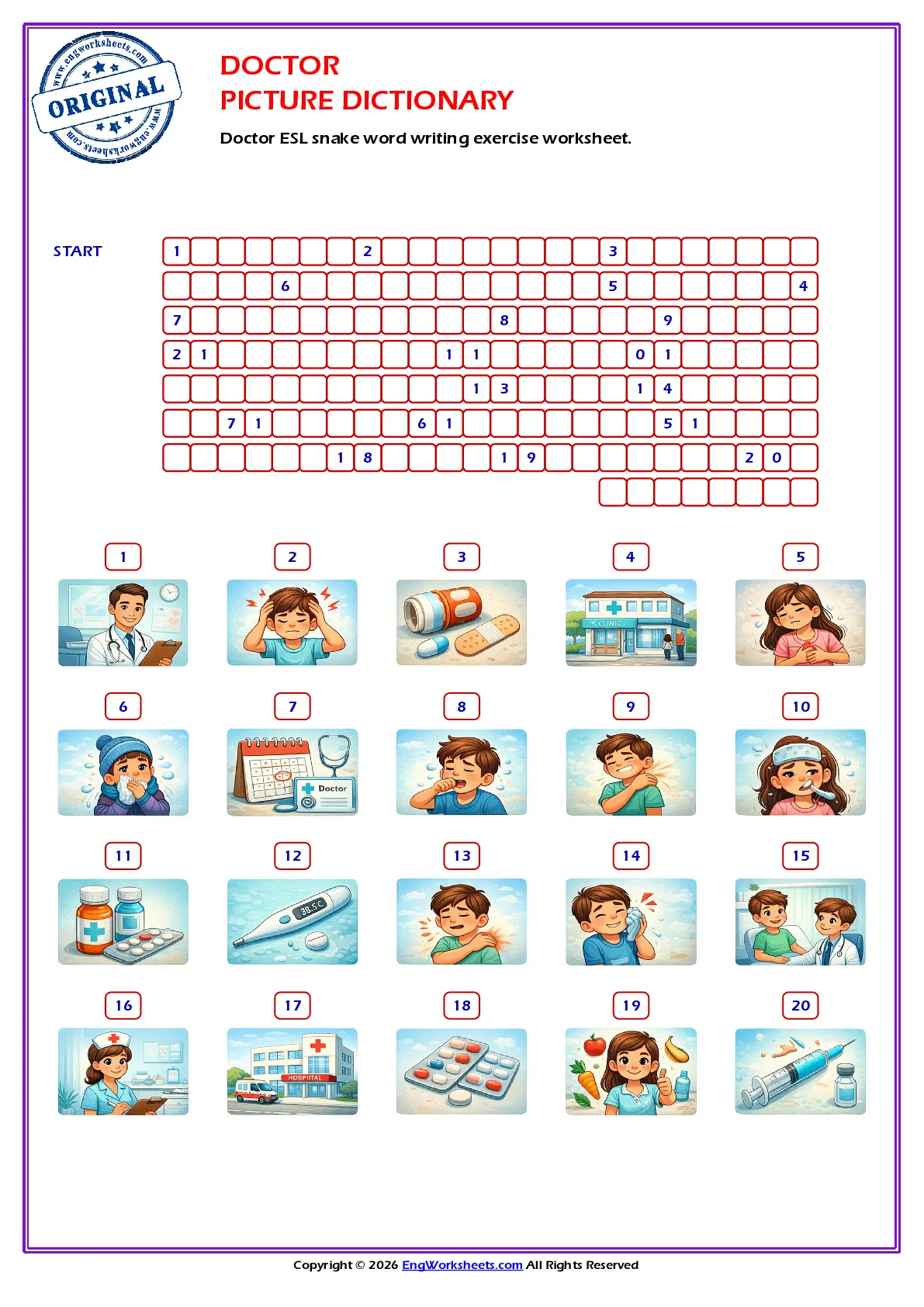 Doctor ESL snake word writing exercise worksheet. Worksheet Preview