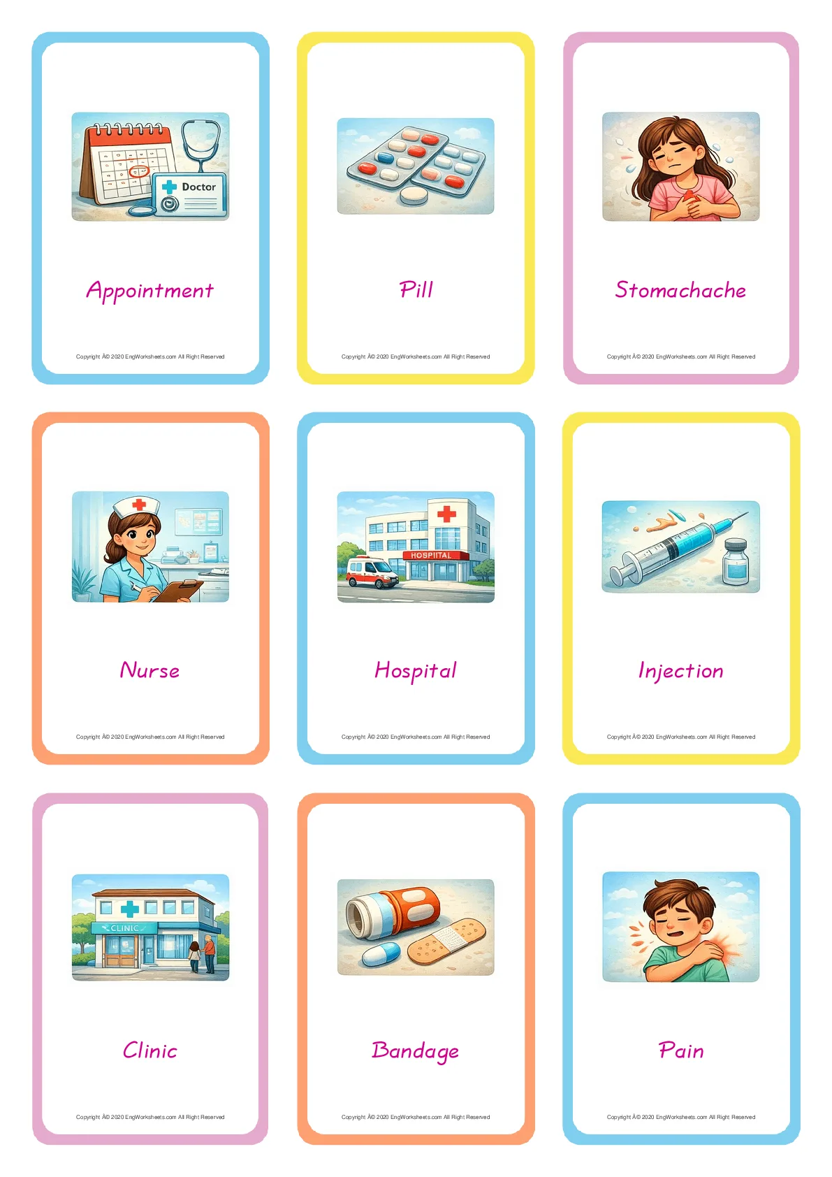 Doctor vocabulary worksheet with words, nine images per page