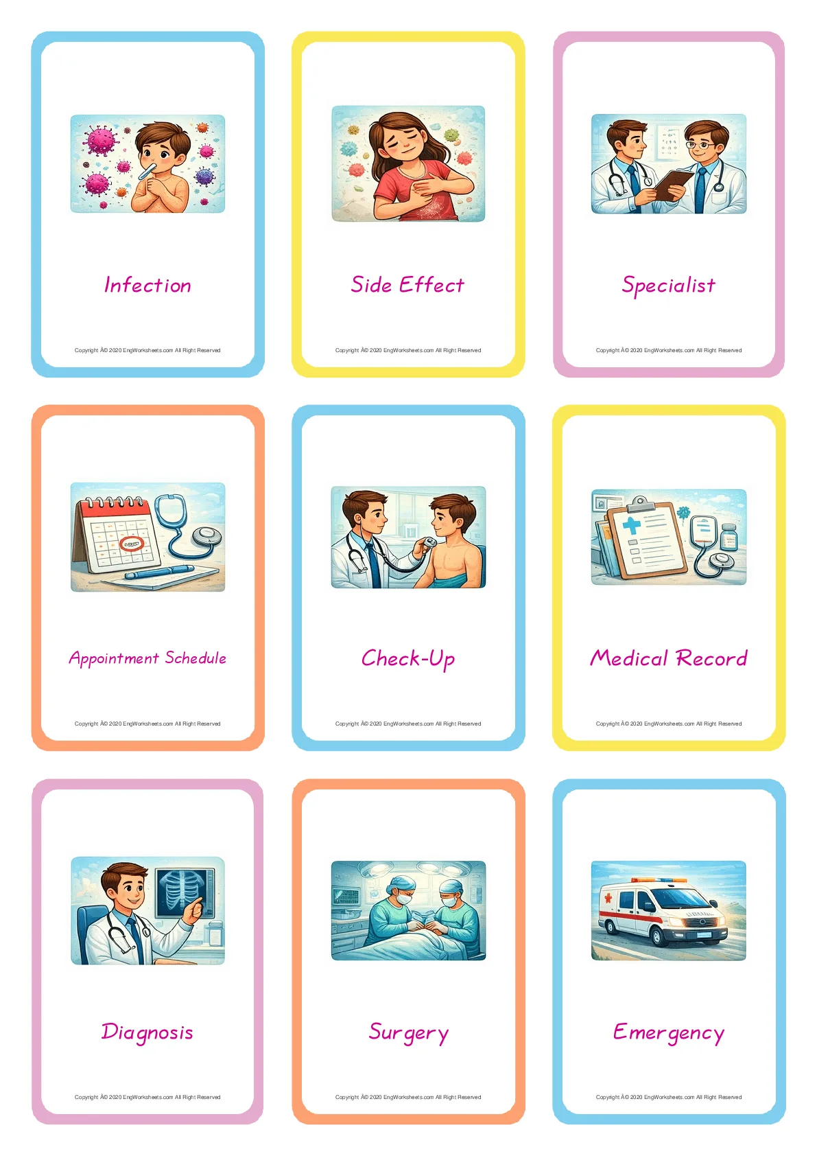 Doctor vocabulary worksheet with words, nine images per page