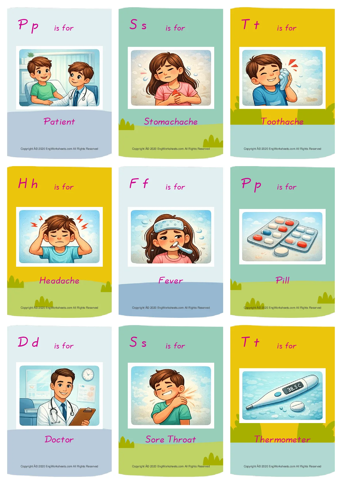 Doctor vocabulary worksheet with words, nine images per page