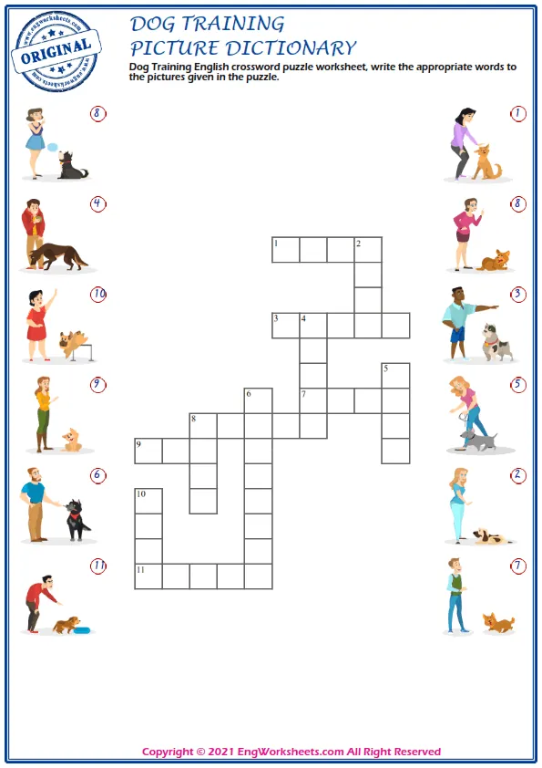 Dog Training English crossword puzzle worksheet, write the appropriate words to the pictures given in the puzzle. Worksheet Preview