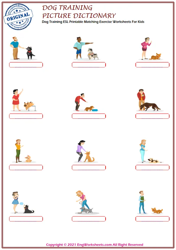 Dog Training ESL Printable Matching Exercise Worksheets For Kids Worksheet Preview