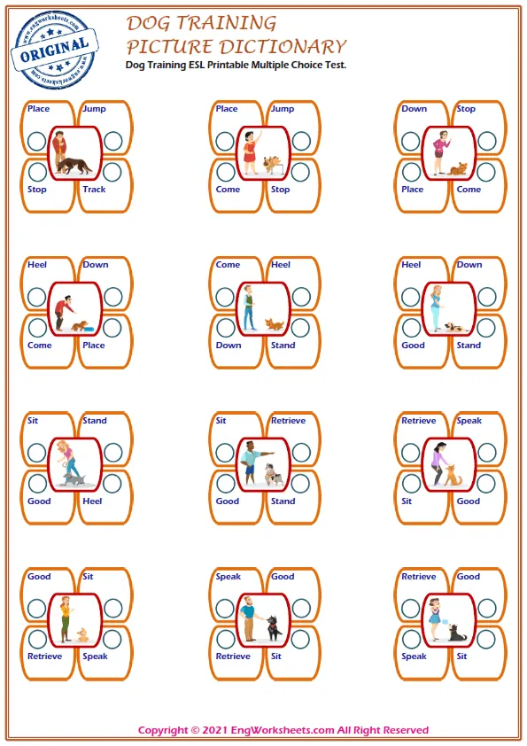 Dog Training ESL Printable Multiple Choice Test. Worksheet Preview