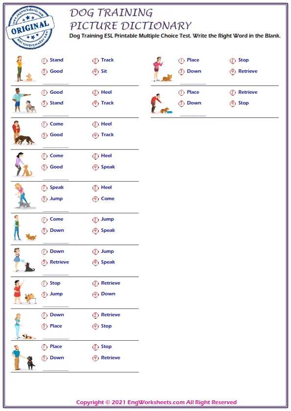 Dog Training ESL Printable Multiple Choice Test. Write the Right Word in the Blank. Worksheet Preview