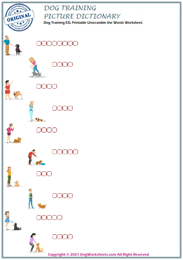 Dog Training ESL Printable Unscramble the Words Worksheet. Worksheet Preview