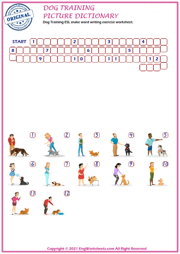Dog Training ESL snake word writing exercise worksheet. Worksheet Preview