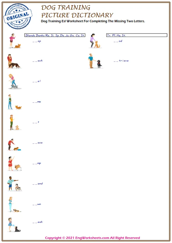 Dog Training Esl Worksheet For Completing The Missing Two Letters. Worksheet Preview