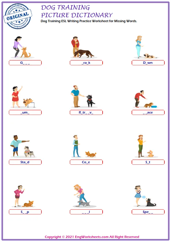 Dog Training ESL Writing Practice Worksheet for Missing Words. Worksheet Preview
