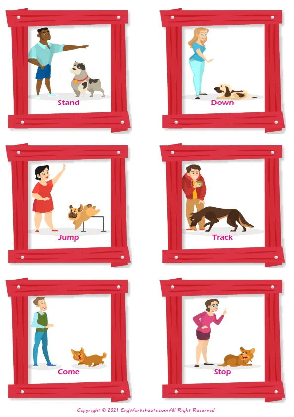 Dog Training vocabulary worksheet with words, six images per page Worksheet Preview