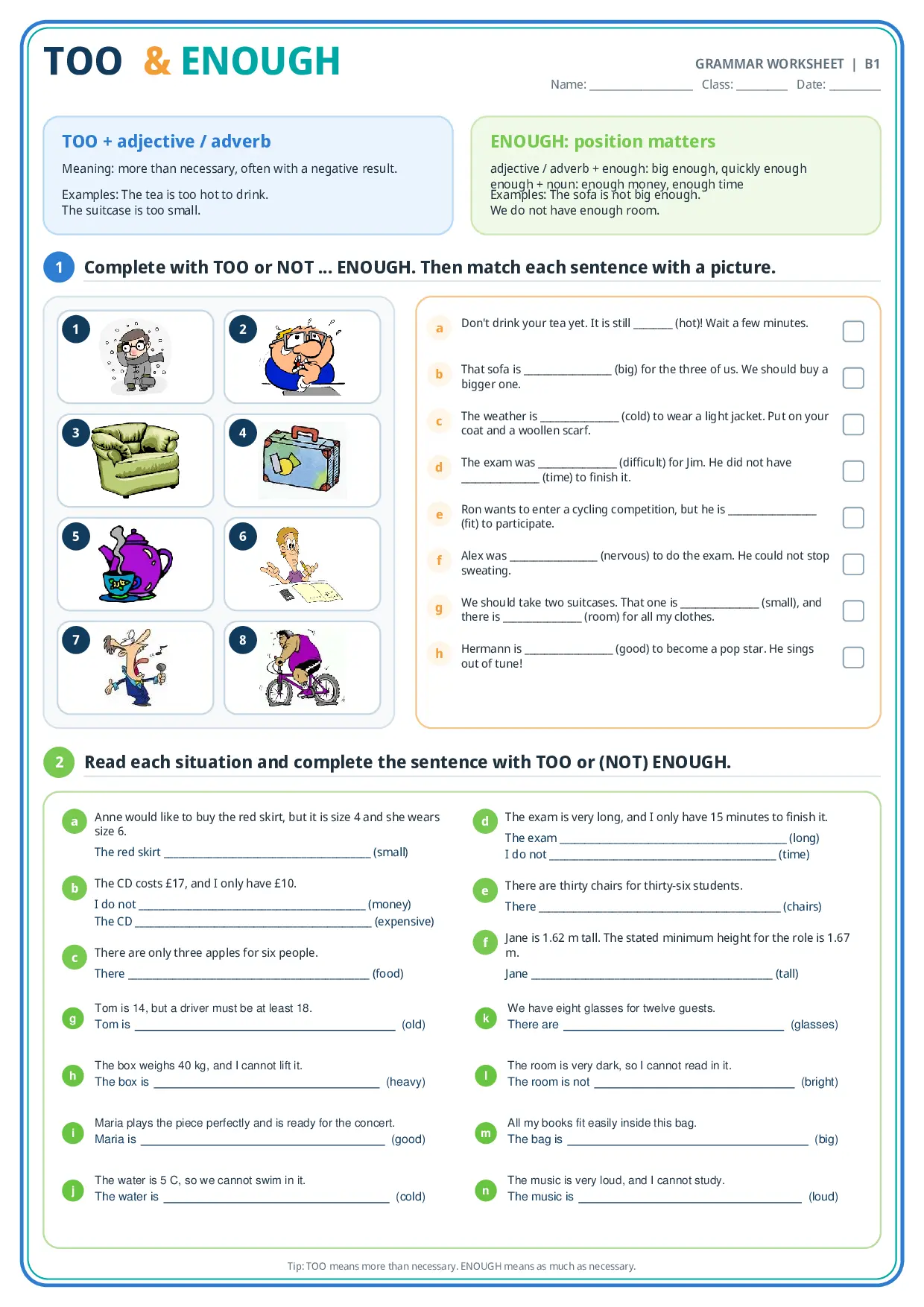 Too and Enough Worksheet with Answer Key – B1 Grammar Worksheet Preview