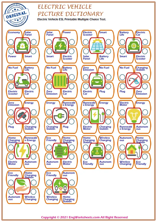 Electric Vehicle ESL Printable Multiple Choice Test. Worksheet Preview