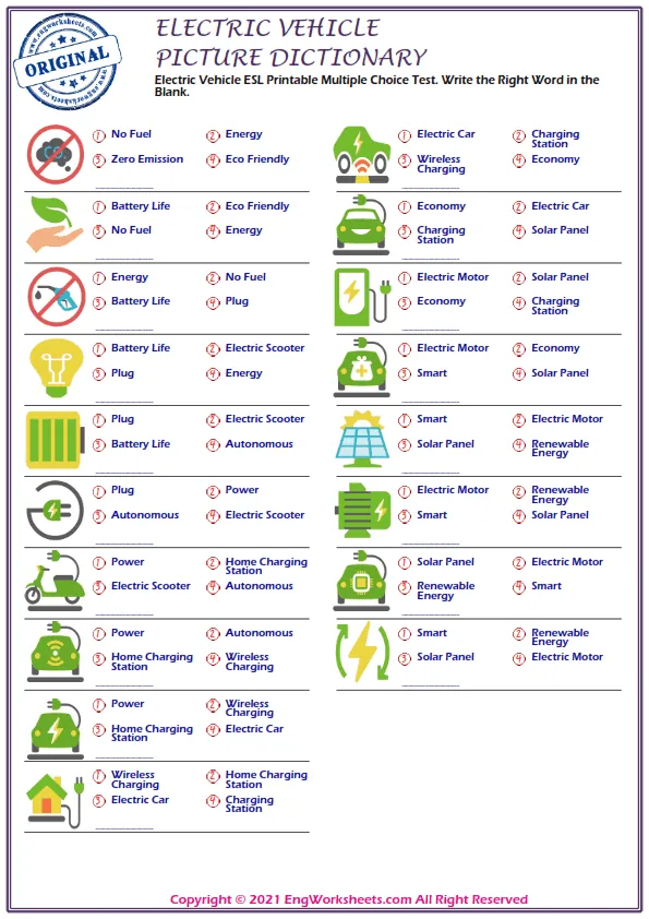 Electric Vehicle ESL Printable Multiple Choice Test. Write the Right Word in the Blank. Worksheet Preview