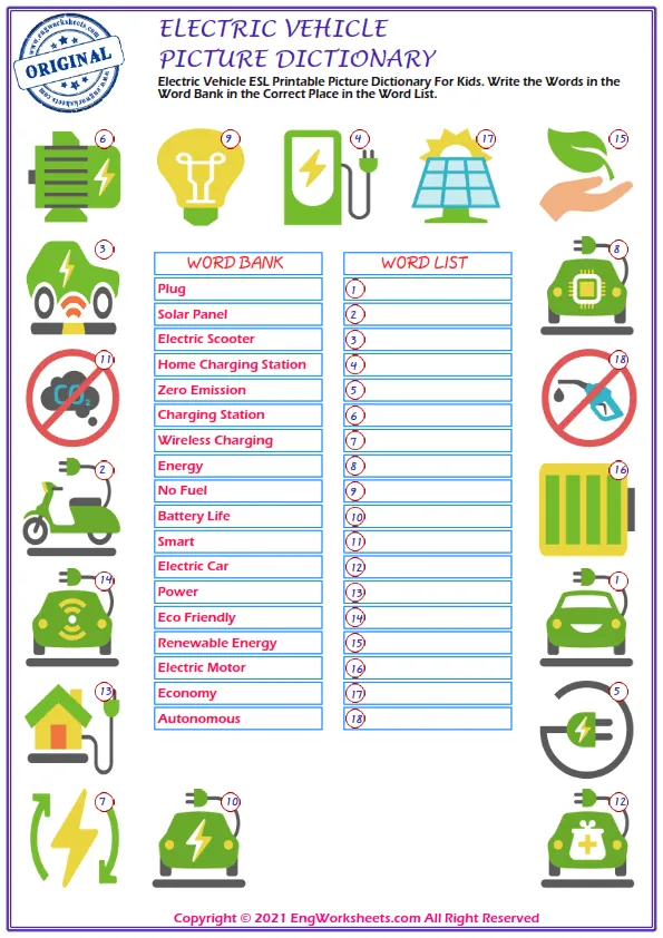 Electric Vehicle ESL Printable Picture Dictionary For Kids. Write the Words in the Word Bank in the Correct Place in the Word List. Worksheet Preview