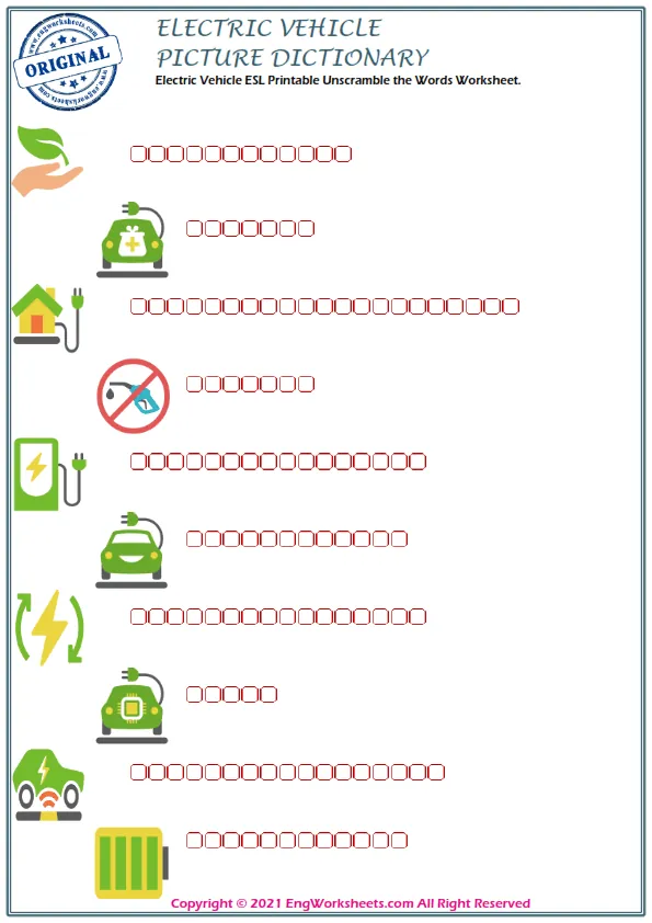 Electric Vehicle ESL Printable Unscramble the Words Worksheet. Worksheet Preview