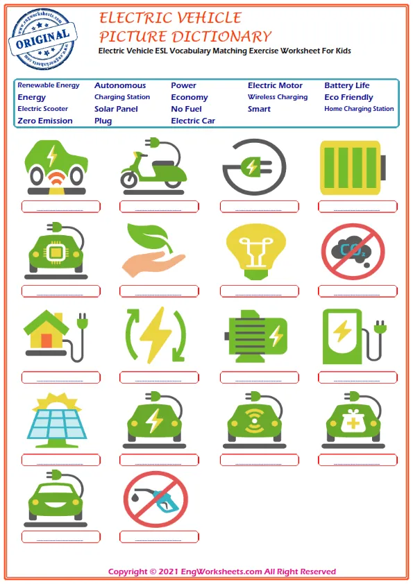 Electric Vehicle ESL Vocabulary Matching Exercise Worksheet For Kids Worksheet Preview