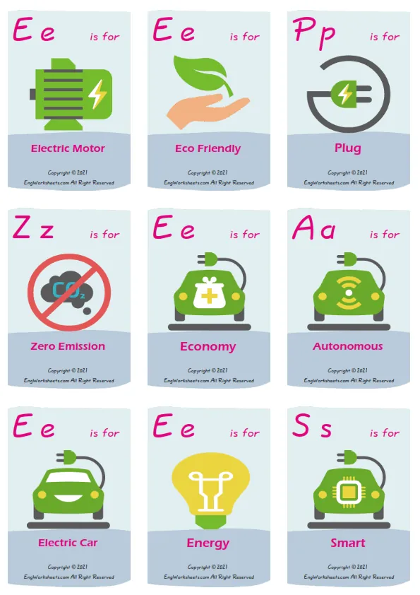Electric Vehicle vocabulary worksheet with words, nine images per page Worksheet Preview