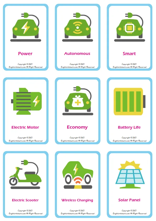 Electric Vehicle vocabulary worksheet with words, nine images per page Worksheet Preview