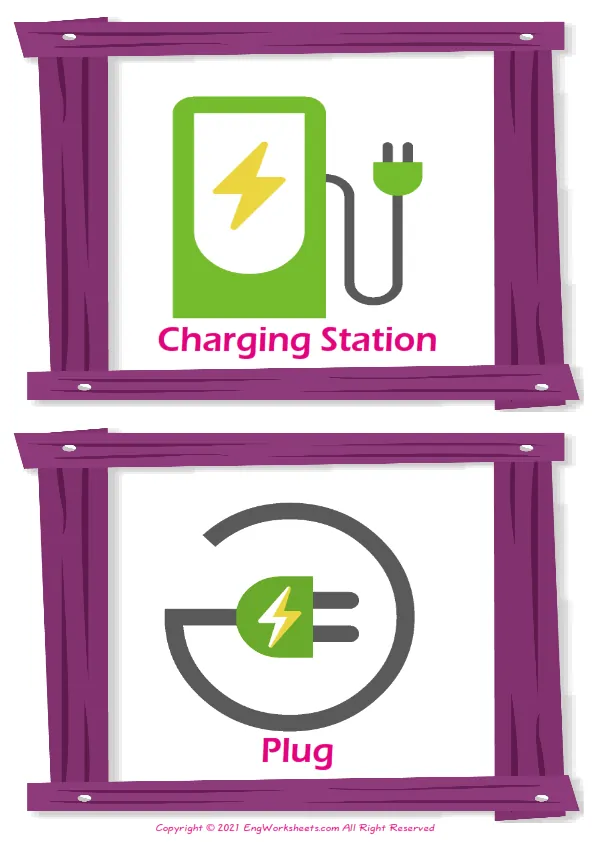 Electric Vehicle vocabulary worksheet with words, two images per page Worksheet Preview