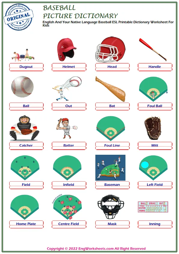 English And Your Native Language Baseball ESL Printable Dictionary Worksheet For Kids Worksheet Preview
