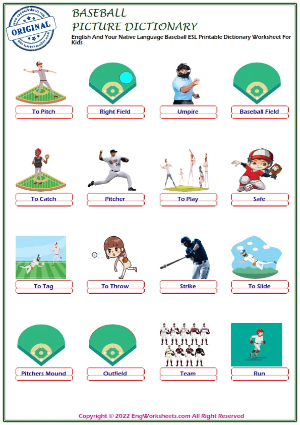 English And Your Native Language Baseball ESL Printable Dictionary Worksheet For Kids Worksheet Preview
