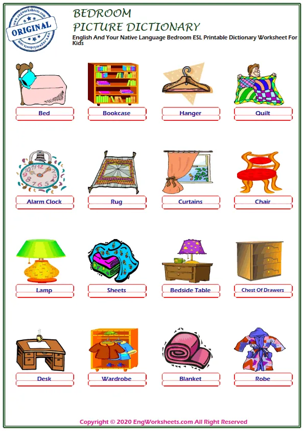 English And Your Native Language Bedroom ESL Printable Dictionary Worksheet For Kids