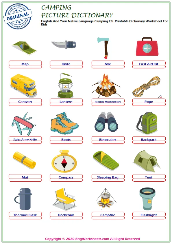 English And Your Native Language Camping ESL Printable Dictionary Worksheet For Kids Worksheet Preview