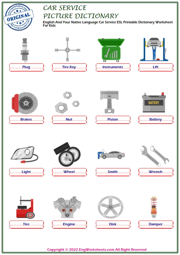 English And Your Native Language Car Service ESL Printable Dictionary Worksheet For Kids Worksheet Preview