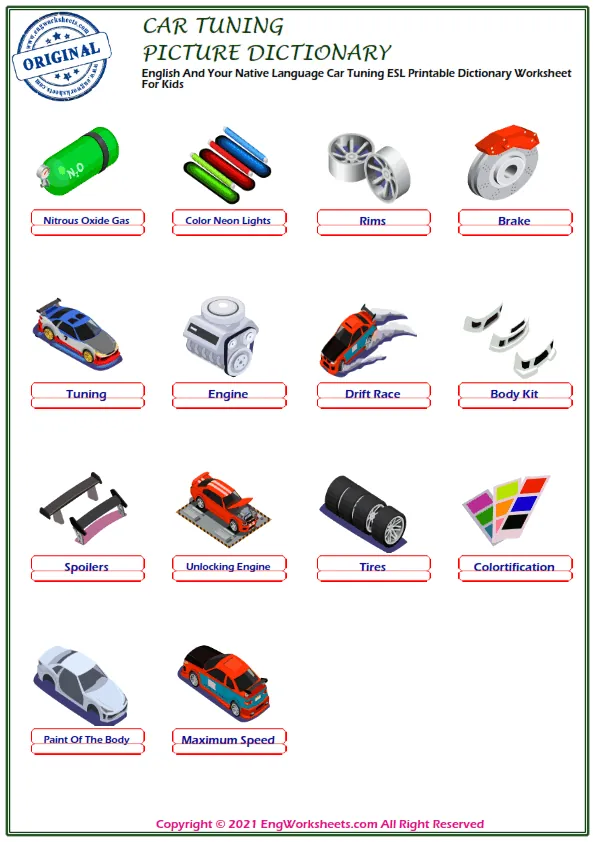 English And Your Native Language Car Tuning ESL Printable Dictionary Worksheet For Kids Worksheet Preview