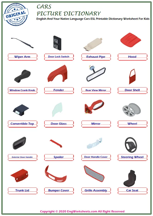 English And Your Native Language Cars ESL Printable Dictionary Worksheet For Kids Worksheet Preview