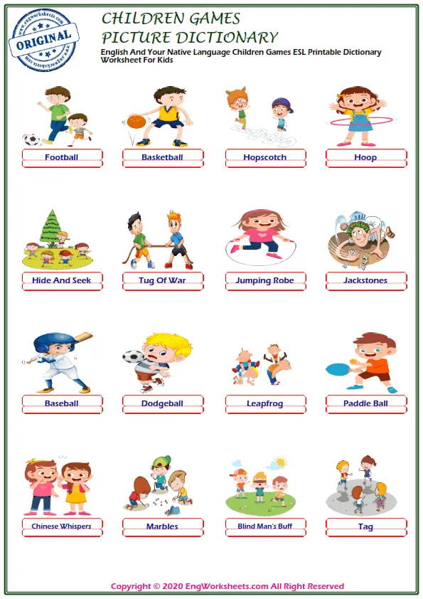 English And Your Native Language Children Games ESL Printable Dictionary Worksheet For Kids Worksheet Preview