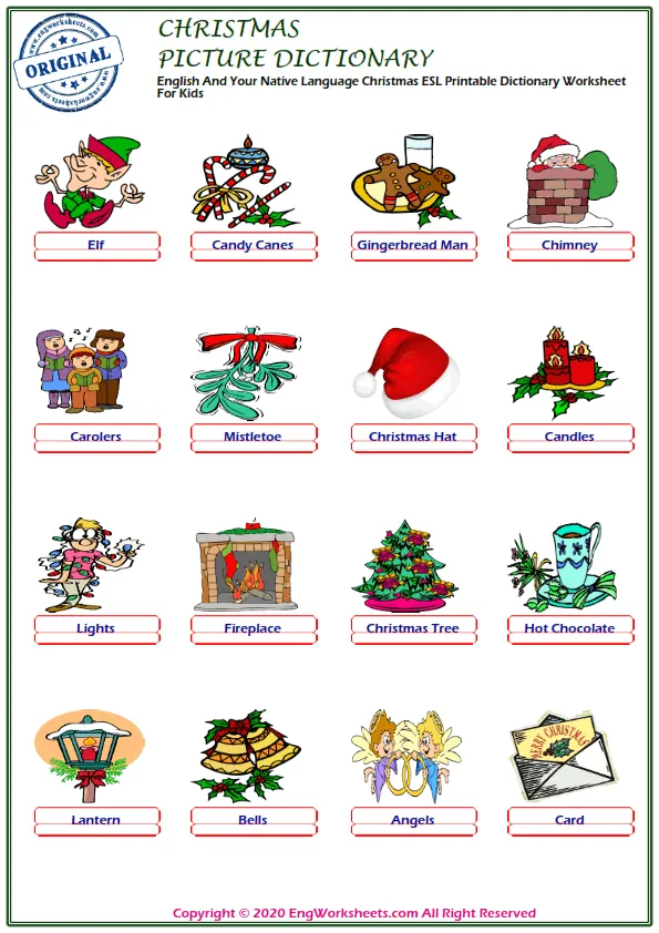 English And Your Native Language Christmas ESL Printable Dictionary Worksheet For Kids