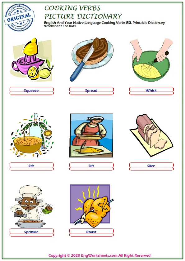 English And Your Native Language Cooking Verbs ESL Printable Dictionary Worksheet For Kids Worksheet Preview