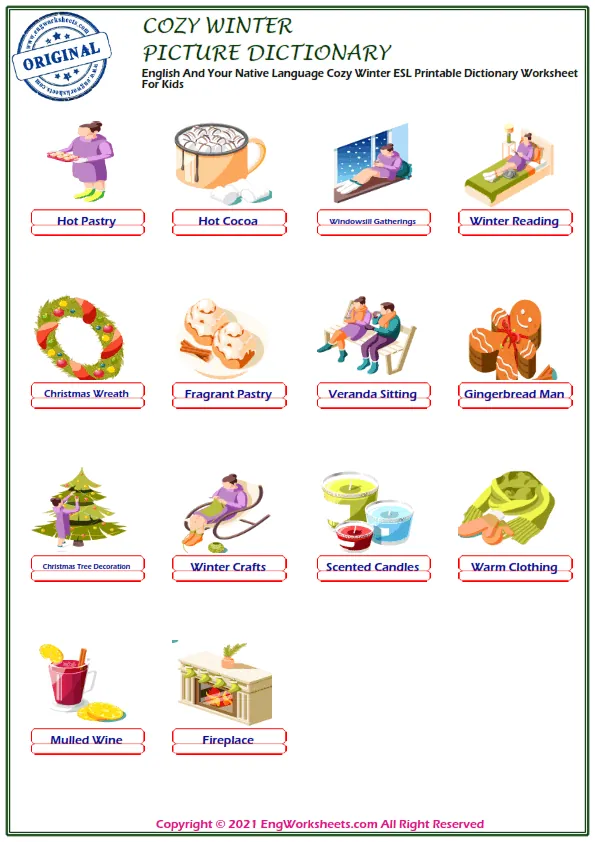English And Your Native Language Cozy Winter ESL Printable Dictionary Worksheet For Kids Worksheet Preview