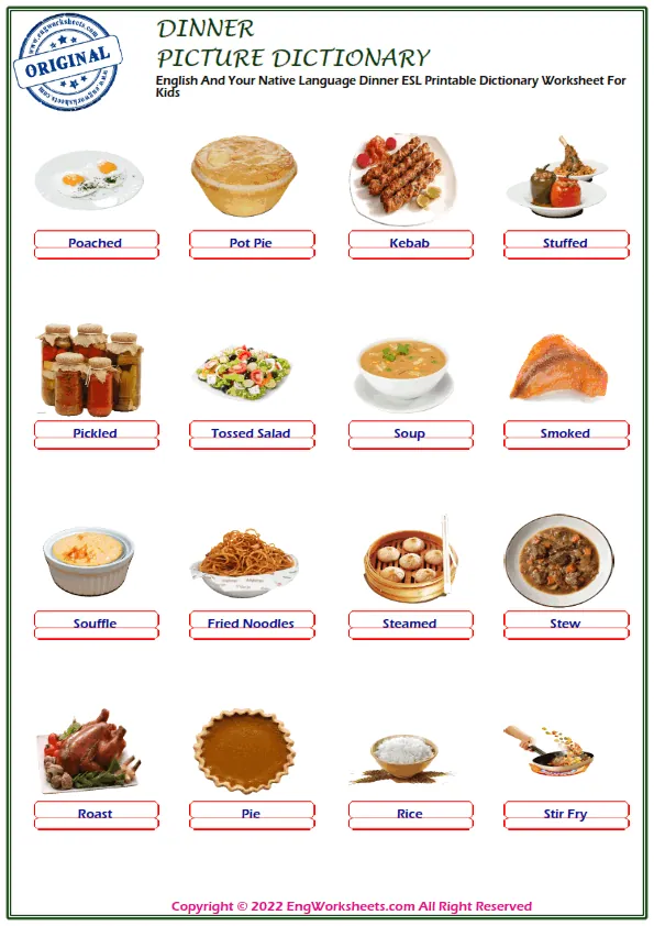 English And Your Native Language Dinner ESL Printable Dictionary Worksheet For Kids