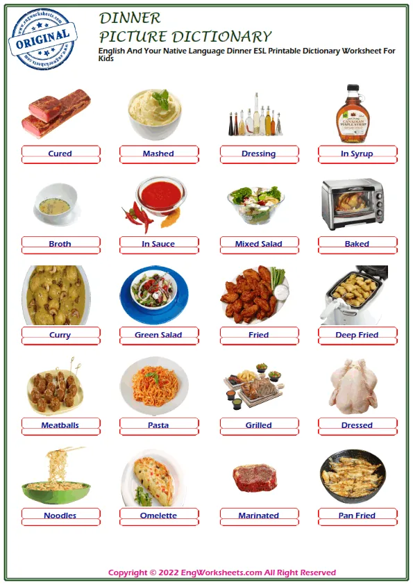 English And Your Native Language Dinner ESL Printable Dictionary Worksheet For Kids Worksheet Preview