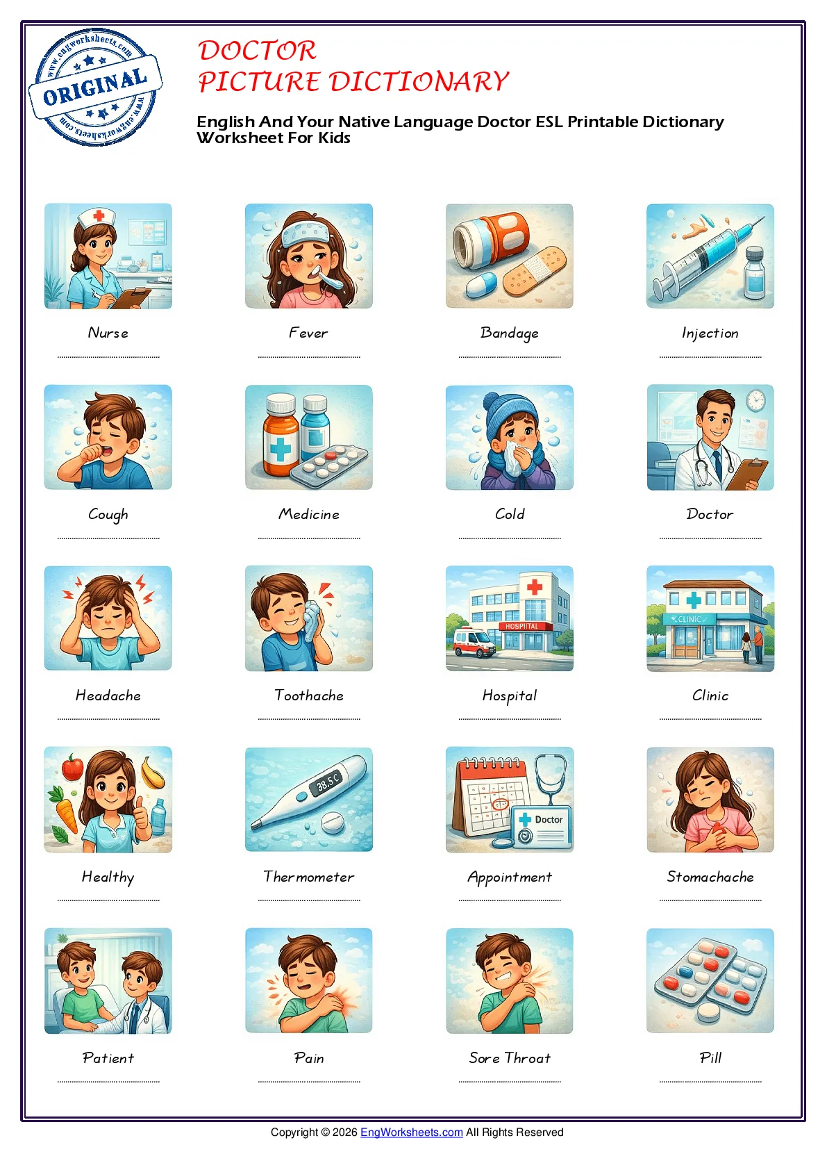 English And Your Native Language Doctor ESL Printable Dictionary Worksheet For Kids Worksheet Preview